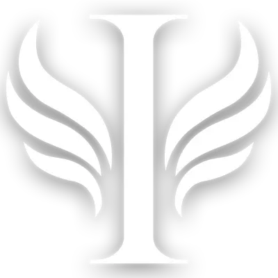 A white version of the logo for Inlustris Audio, a central serif I with three flowing wings per side.